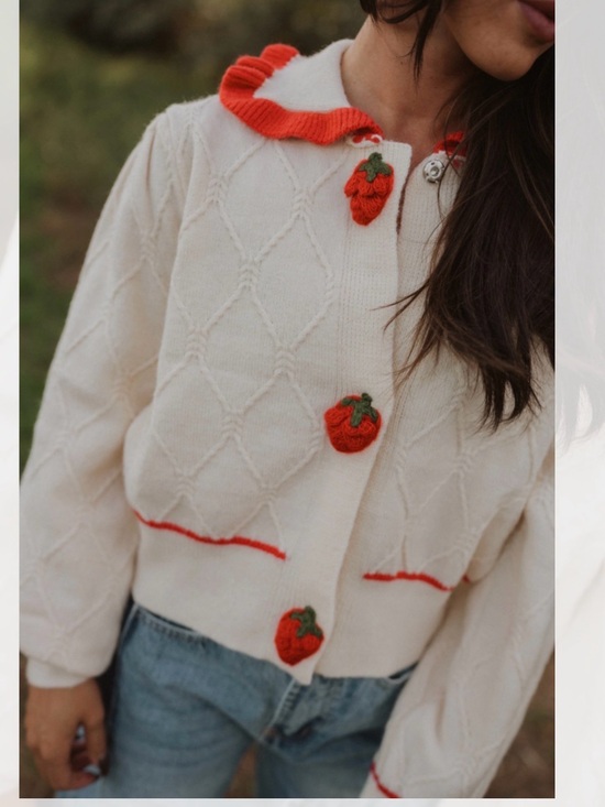 Goldie Sweaters - Goldie Cream Knit Cardigan with Red Trim and Strawberry Buttons
